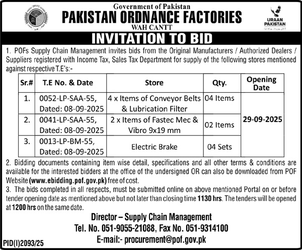 Pakistan Ordnance Factories Wah Cantt Tender Notice